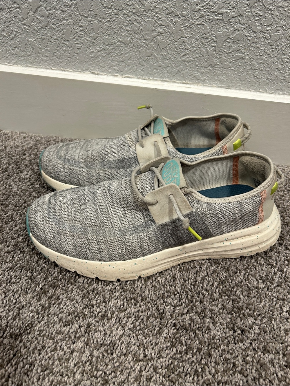 Hey Dude Grey Knit Slip-On Sneakers with Aqua and Neon Yellow Accents 10
